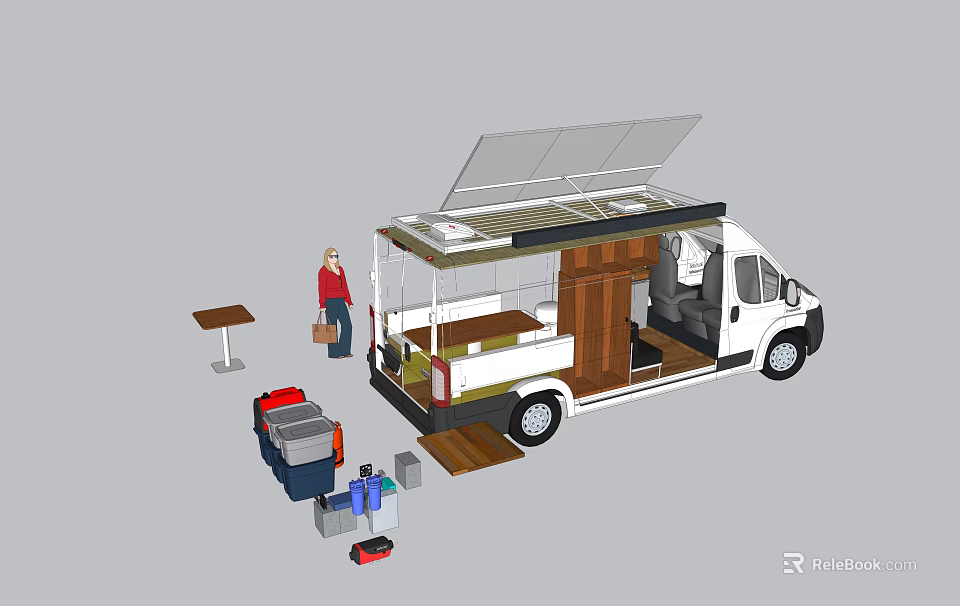 White Food Truck With Open Roof And Interior Kitchen Catering Setup 3d model 