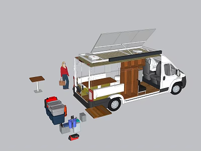 White Food Truck With Open Roof And Interior Kitchen Catering Setup 3d model
