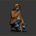 Fisherman Statue Wearing Orange Jacket Striped Shirt Holding Pipe With Fish In Net Bag