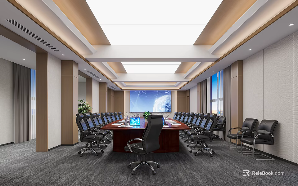 Modern Conference Room Design With Long Conference Table Black Office Chairs And Large Screen 3d model 