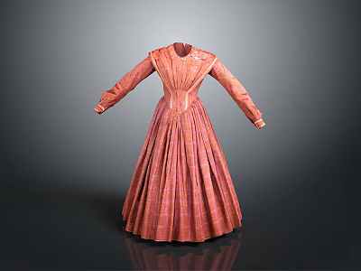 Elegant Pink Pleated Long Sleeve Dress With Checkered Pattern For Daily Lifestyle Use 3d model