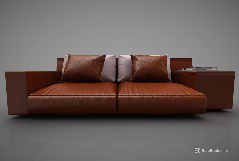 Modern Brown Leather Two Seater Sofa With Decorative Cushions And Side Table 3d model