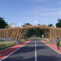 Scenic Traditional Chinese Wooden Memorial Archway With Trees Road And Fields
