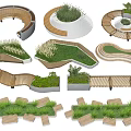 Creative Landscape Design Elements With Wooden And Concrete Structures And Green Plants 3d model