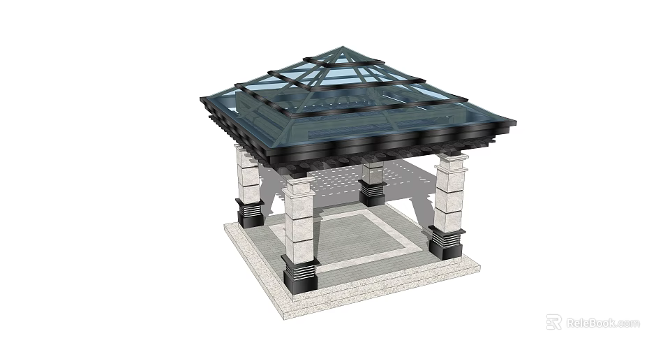 Traditional Square Pavilion Structure With Glass Roof And Stone Columns Base 3d model 