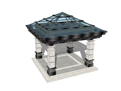 Traditional Square Pavilion Structure With Glass Roof And Stone Columns Base 3d model