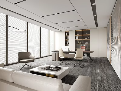 Modern Office Interior Design With Sofa Coffee Table Desk And Bookshelves 3d model