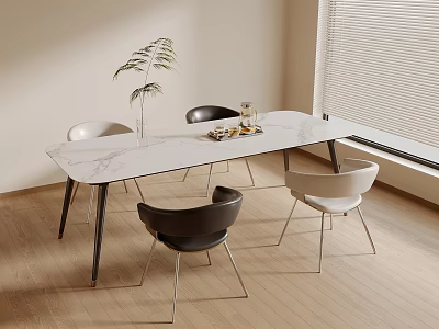 Modern Minimalist Dining Interior Table With White Marble Top Black White Chairs Metal Legs 3d model