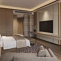 Modern Hotel Room Interior With King Bed Wooden Walls Large Window TV Desk And Rug