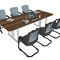 Modern Conference Table With Wooden Top Metal Legs Mesh Back Chairs And Laptop Files Mug