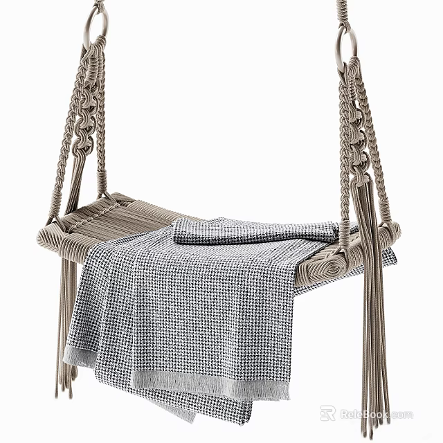 Cozy Woven Rope Hanging Chair With Plaid Blanket And Soft Cushion 3d model 