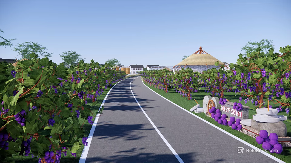 Scenic Country Road Lined with Grape Vines Bearing Purple Grapes and Distant Yurt Shaped Building 3d model 