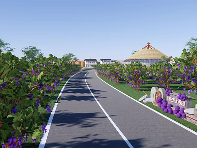Scenic Country Road Lined with Grape Vines Bearing Purple Grapes and Distant Yurt Shaped Building 3d model