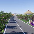 Scenic Country Road Lined with Grape Vines Bearing Purple Grapes and Distant Yurt Shaped Building