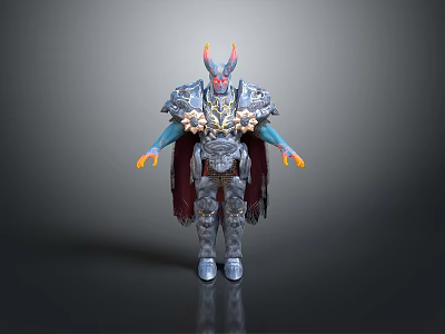 Horned Blue Skinned Mythical Warrior Character With Silver Armor And Red Cloak 3d model