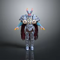 Horned Blue Skinned Mythical Warrior Character With Silver Armor And Red Cloak