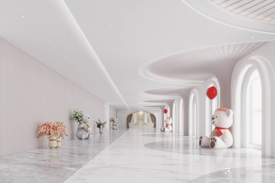 Elevator Hallway With Curved Design Marble Flooring Red Lanterns White Teddy Bear And Flower Vases 3d model 