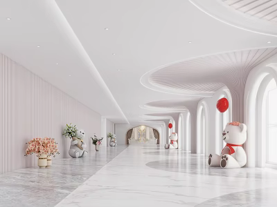 Elevator Hallway With Curved Design Marble Flooring Red Lanterns White Teddy Bear And Flower Vases 3d model