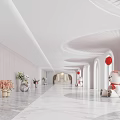 Elevator Hallway With Curved Design Marble Flooring Red Lanterns White Teddy Bear And Flower Vases