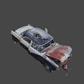 Rusty Damaged Vintage Car With Open Hood Broken Doors And Wrecked Body