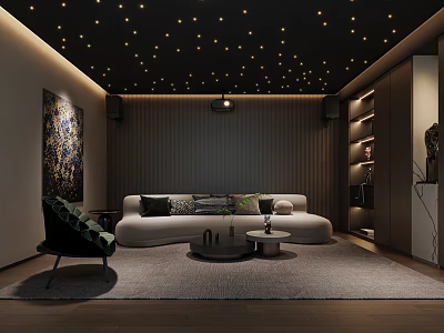 Modern Home Theater Room Interior Design With Starry Ceiling Comfy Sofa And Decorative Rug 3d model