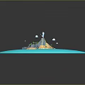 Cartoon Low Poly Island Scene With Volcano Palm Trees Pyramid Clouds And Blue Ocean
