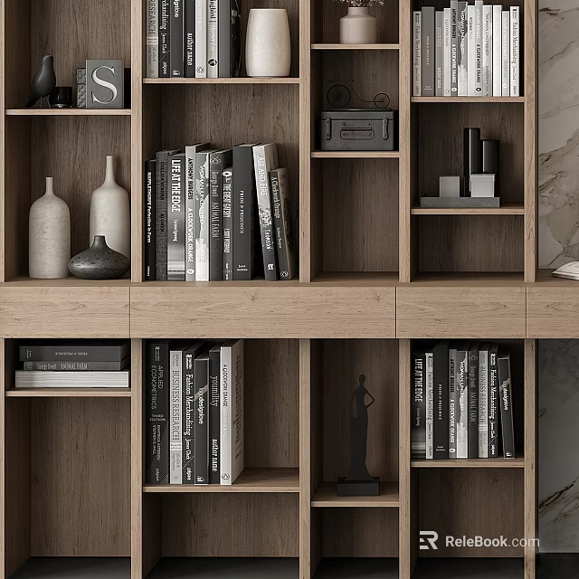 Modern Wooden Bookshelf Featuring Multiple Shelves Books Decorative Vases And Decorations In Living Room 3d model 