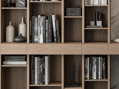 Modern Wooden Bookshelf Featuring Multiple Shelves Books Decorative Vases And Decorations In Living Room 3d model