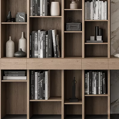Modern Wooden Bookshelf Featuring Multiple Shelves Books Decorative Vases And Decorations In Living Room 3d model