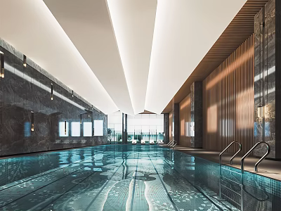 Spacious Indoor Swimming Pool With Modern Design Ceiling Lights Wooden Walls And Natural Light 3d model