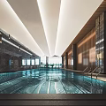 Spacious Indoor Swimming Pool With Modern Design Ceiling Lights Wooden Walls And Natural Light