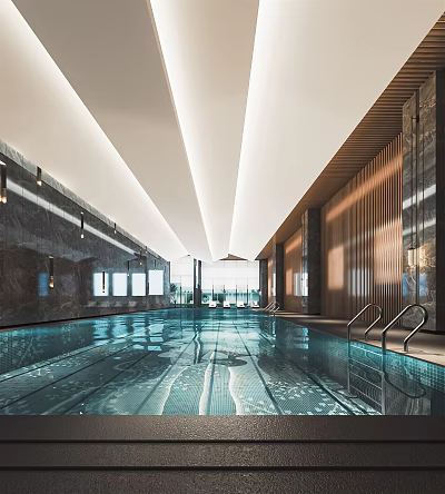 Spacious Indoor Swimming Pool With Modern Design Ceiling Lights Wooden Walls And Natural Light 3d model