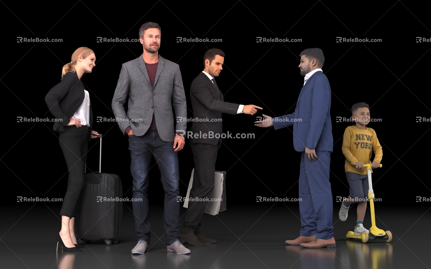 Business Wear Workplace Suit Airport Cafe Reception Meeting Room Luggage Women Men Foreigners High Heels Children Children Skateboard 3d model