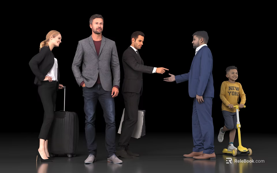 Diverse Group of People Shaking Hands with Briefcases Suitcases and Boy Riding Scooter 3d model 