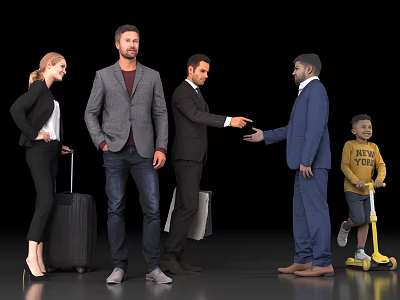 Diverse Group of People Shaking Hands with Briefcases Suitcases and Boy Riding Scooter 3d model