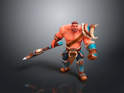 Muscular Warrior Game Character With Spear Blue Arm Guards And Leather Waist Gear 3d model