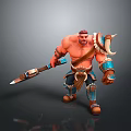 Muscular Warrior Game Character With Spear Blue Arm Guards And Leather Waist Gear