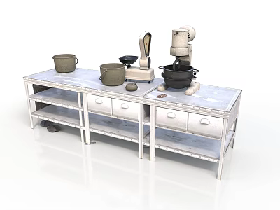 White Metal Kitchen Workbench With Pots Scale Mixer And Cooking Utensils On Top 3d model