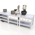 White Metal Kitchen Workbench With Pots Scale Mixer And Cooking Utensils On Top