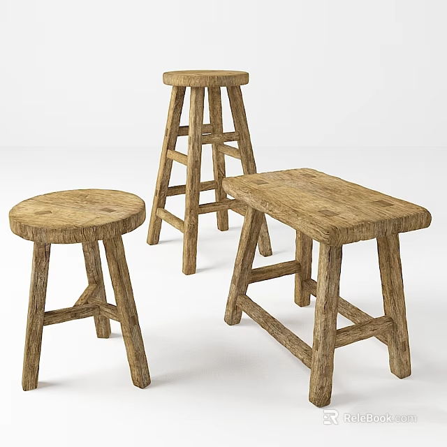Natural Wood Stools With Simple Design Round And Square Seats For Home Decor 3d model 
