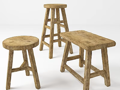 Natural Wood Stools With Simple Design Round And Square Seats For Home Decor 3d model
