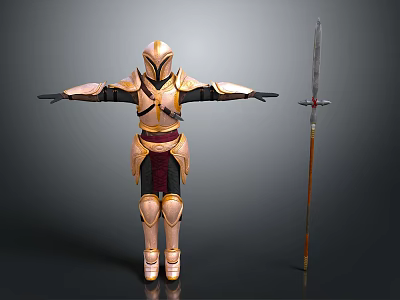 Medieval Sword Displayed With Golden Armored Figure And Outstretched Arms 3d model