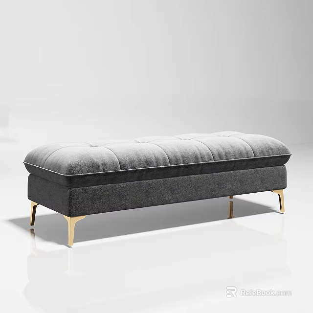 Gray Tufted Ottoman with Gold Legs Elegant Modern Fabric Design 3d model 
