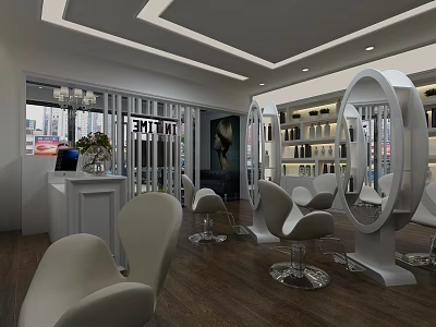 Modern Hair Salon Interior Design With White Styling Chairs Round Mirrors And Wooden Floors 3d model