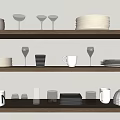 Dinnerware Set Displayed On Wooden Shelves With Plates Mugs Wine Glasses And Bowls