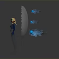 Game Movie Character In Blue Bodysuit With Transparent Sphere And Golden Internal Structure