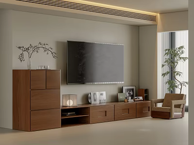 Modern Wooden TV Stand with Decorative Items and Wall-Mounted TV Nearby Plant Chair 3d model