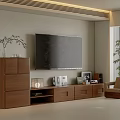 Modern Wooden TV Stand with Decorative Items and Wall-Mounted TV Nearby Plant Chair