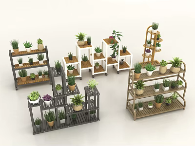 Various Design Garden Plant Stands With Green Potted Plants For Home Decor 3d model