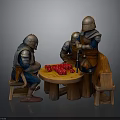 Medieval Knight Miniatures Gathered Around Wooden Table With Red Dice And Stools